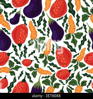 This is a vibrant and high-energy seamless pattern featuring a variety of purple brinjals (eggplants) and spicy red chilies. Stock Vector