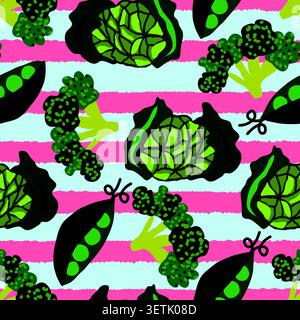 This is a playful and vibrant seamless pattern featuring a variety of green vegetables, including cabbage, broccoli, and pea pods. Stock Vector