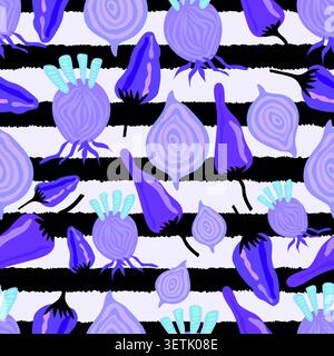 This is a vibrant and modern seamless pattern featuring an artistic take on kitchen staples. Stock Vector
