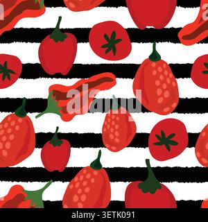 This is a high-energy and modern seamless pattern featuring an artistic mix of vibrant red tomatoes and spicy chilies. Stock Vector