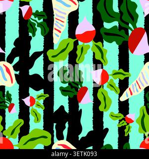 This is a bold and colorful seamless pattern featuring stylized radishes and lush green leaves. Stock Vector