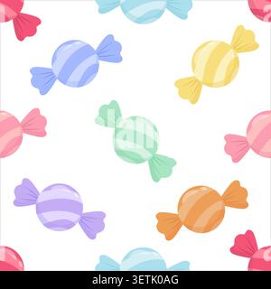 Sweet candies in pastel hues scatter on white. Each candy wrapped with colorful, playful bows. Soft tones evoke joy and childlike delight. Perfect for Stock Vector