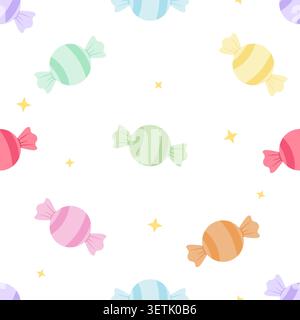 Pastel candies float with playful stripes. Star sparkles add whimsical charm to each sweet. Bright hues suggest joy, celebration, or childlike wonder. Stock Vector