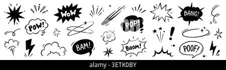 Comic boom icon cartoon set. Hand drawn comic boom effect with cartoon wow bomb speech splash line. Explosive bubble burst dialog action motion superhero explosion sound emphasis. Vector illustration Stock Vector