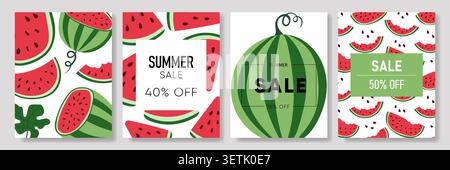 Set of Four Summer Promotional Cards with Watermelon Pattern Vector Design Templates Stock Vector