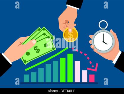Flat vector illustration showing money exchange, time management, and financial performance with charts, representing investment decisions and economi Stock Vector