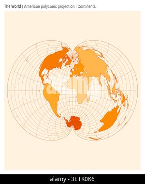 World map in American polyconic projection showing continents. High detail world map for infographics, education, reports, and presentations. Stock Vector