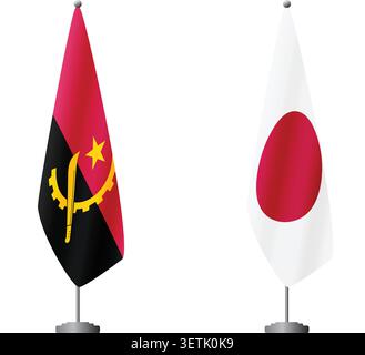 Angola and Japan flags on flagpoles for official ceremonies and meetings, transparent background vector Stock Vector