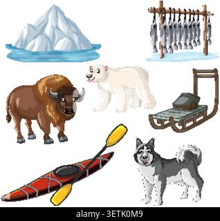 A collection of Arctic themed vector illustrations including animals, transportation, and traditional food sources Stock Vector