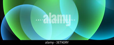 Modern abstract background with large overlapping translucent circles in blue, green, and cyan tones on a dark gradient backdrop. Vector illustration Stock Vector