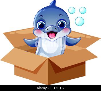 Cute blue dolphin vector character smiles from inside an open brown cardboard box. Stock Vector