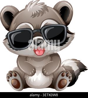 Vector art of a happy raccoon with sunglasses sitting against a plain white background. Stock Vector