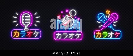 Set of 3 neon karaoke signs with microphones, city skyline, moon, stars and Japanese text meaning Karaoke on dark transparent background. Colorful Stock Vector