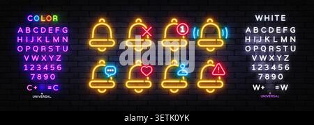 Neon yellow notification bell icon set with mute, counter, heart, message and warning badges on brick wall background. Glowing UI kit includes Stock Vector