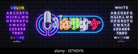 Neon karaoke sign with vintage microphone and colorful Japanese text meaning Karaoke on brick wall background. Bright horizontal logo includes Stock Vector