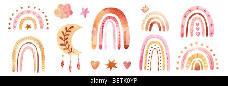 Watercolor boho set with moon, rainbows and clouds. Cute celestial collection in bohemian style. Vector illustration for nursery decor, baby shower, kids design, invitations, stickers, cards, prints Stock Vector