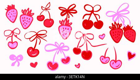 Doodle cherry and strawberry with bow coquette set. Collection of free hand drawings with cute girly berry and ribbons. Stock Vector