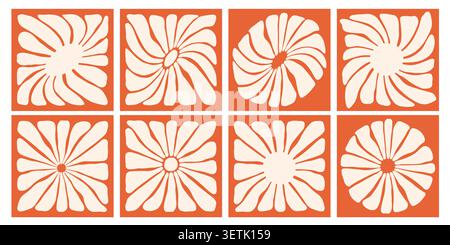 Funky groovy sun or flower elements set. Doodle retro hippie style sunshine Stock Vector