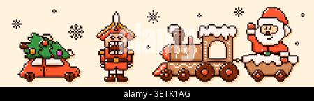 Pack of Pixel art 8 bit Christmas elements. Gingerbread train with Santa Claus, red car with holiday tree, nutcracker and snowflakes. Stock Vector