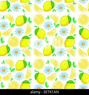 Flat vector illustration of yellow lemons, citrus slices, and blue flowers on white background. Stock Vector