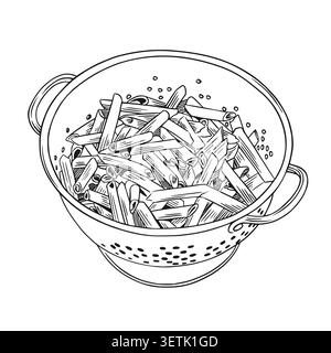 Colander with pasta. Boiled penne in metal kitchenware. Hand drawn line art vector illustration Stock Vector