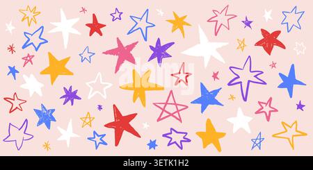 Cool color hand drawn star collection. Crayon doodle twinkle sparks set with flashes and sketch fireworks Stock Vector