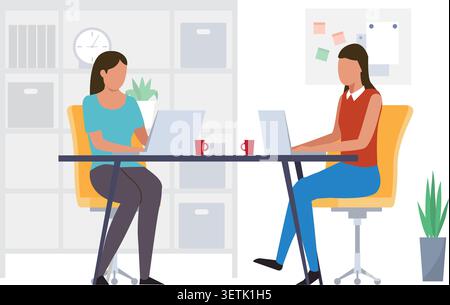 Two female colleagues collaborate at a shared desk with laptops, mugs, and office decor in a clean, flat vector style. Stock Vector