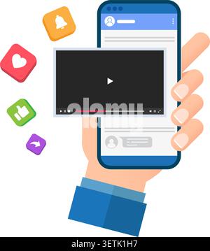 A hand holding a smartphone displaying a video player surrounded by floating like, share, and notification icons. Stock illustration. Stock Vector