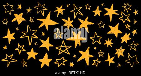 Cool yellow hand drawn star collection. Crayon doodle twinkle sparks set with flashes and sketch fireworks Stock Vector