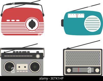 A set of four stylized vintage radio and cassette player icons featuring retro colors and classic mid-century designs. Stock Illustration. Stock Vector