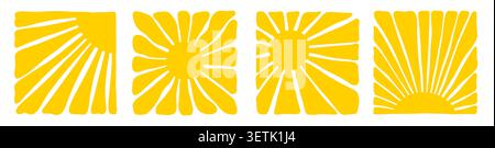 Trendy groovy sun collection. Yellow hot ray pattern set. Retro summer background Stock Vector