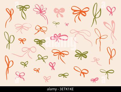 Doodle coquette bows set. Minimalist free hand drawings of different knots and gift ribbons Stock Vector