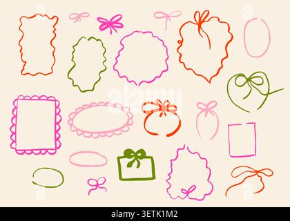Doodle colorful frames collection with wavy lines, bows and ribbons. Minimalist hand-drawn borders for trendy coquette design. Free hand whimsical dra Stock Vector