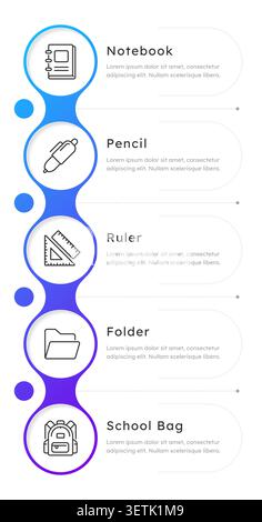 Essential school supplies vertical infographic 5 steps Stock Vector