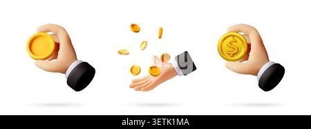 3D Cartoon hands holding and dropping gold coins. Set of businessman hands with currency. Financial concept of savings, investment, wealth and success Stock Vector