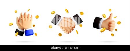 3d set of businessman hands clapping, shaking hands and showing thumb up with floating gold coins. Business partnership success, deal, achievement and Stock Vector
