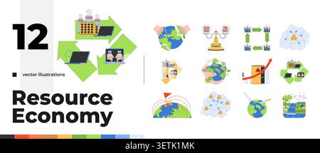 Resource economy 2D illustration concept set Stock Vector