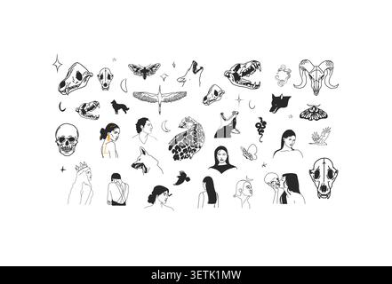 Hand drawn vector abstract graphic illustrations collection set with logo elements,magic sacred mystic halloween animals and people outline Stock Vector