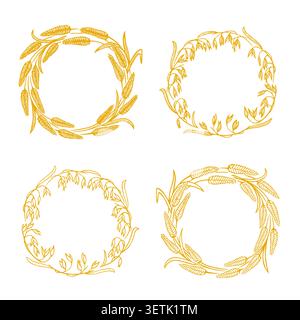 Hand drawn wreath frame with wheat or rye ears. Sketch drawing vector illustration set. Cereal harvest, agriculture, organic farming, healthy food sym Stock Vector