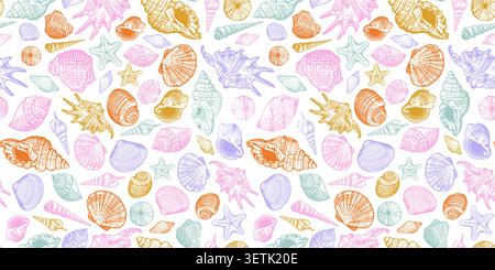 Colorful hand drawn pattern with seashells. Tropical ocean shells seamless background. Beautiful marine design elements Stock Vector