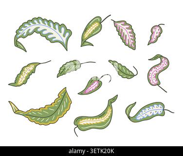 Vibrant Jacobean floral clip art set with folk botanical motifs. Vintage decorated leaves bundle. Hand drawn vector Stock Vector