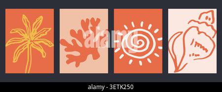 Coastal vector card set with palm tree, coral, sun Stock Vector