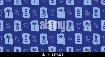 Blue coastal seamless pattern tropical palm tree Stock Vector
