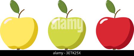Stylized apples illustration yellow, green, and red fruits with leaves, vibrant design perfect for healthy lifestyle, food projects Stock Vector