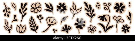 Flower brush leaf sticker set. Hand drawn flower brush leaf floral paint stroke sketch with paper scrapbook collage texture. Botanical spring daisy poppy leaves herb summer. Vector illustration Stock Vector