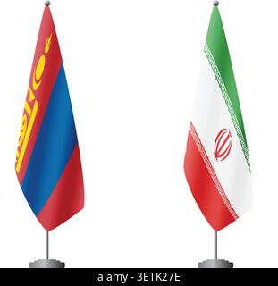 Mongolia and Iran flags on flagpoles for official ceremonies and meetings, transparent background vector Stock Vector