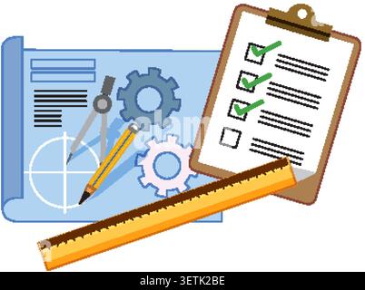 Flat vector illustration of engineering blueprint, checklist clipboard, ruler, pencil, and technical drawing tools Stock Vector