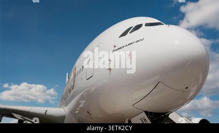 Airbus A380 – Frontal close-up of the world's largest passenger aircraft on the ground Stock Photo