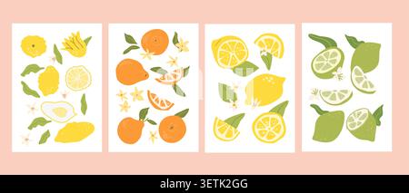 Set of abstract citrus fruit posters, contemporary print. Modern art with hand drawn chinese orange, lemon, citron, lime. Trendy design for wall decor Stock Vector