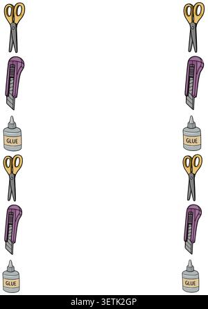 A school supply vector border illustration with scissors, craft knives, and glue bottles Stock Vector